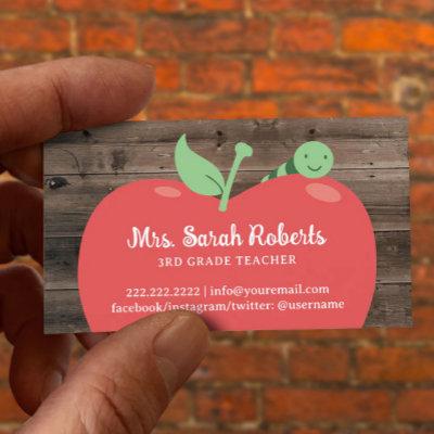 Teacher Tutor Cute Apple & Worm Barn Wood