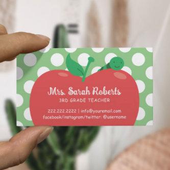 Teacher Tutor Cute Apple & Worm Polka Dots Green