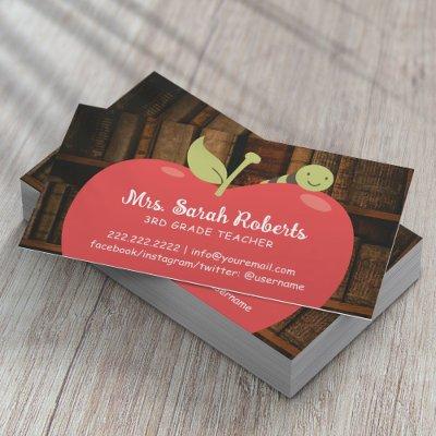 Teacher Tutor Cute Apple & Worm Vintage Bookshelf