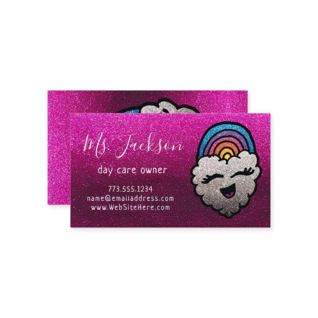 Teacher's Name Rainbow Glitter Heart Cloud Kids