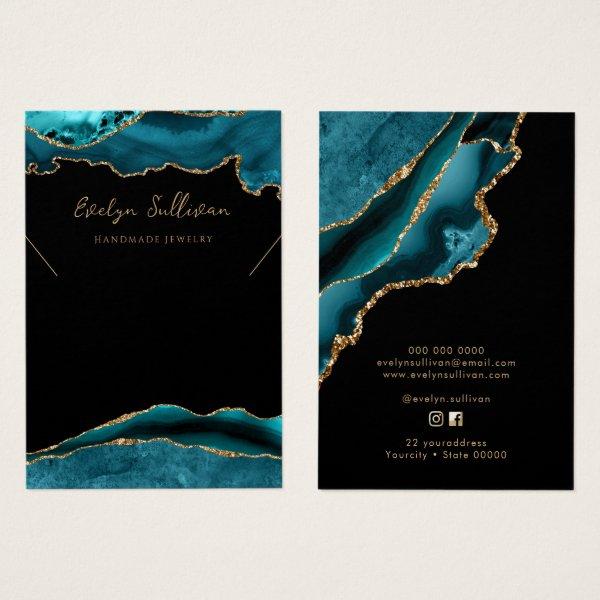 Teal and gold agate necklace display card