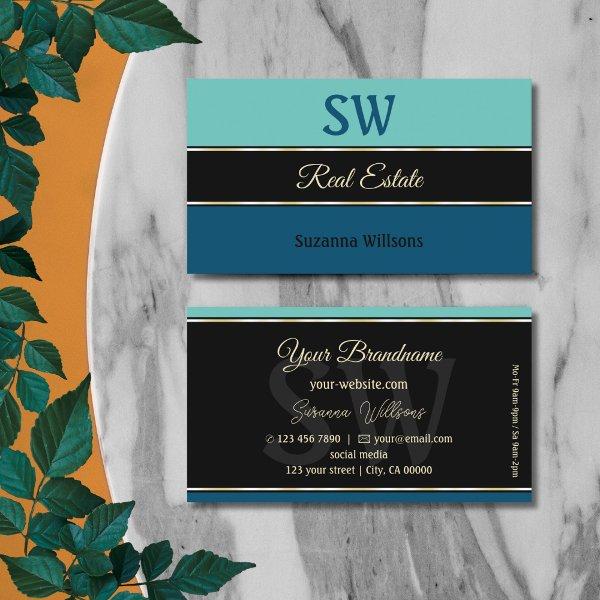 Teal Blue Borders on Black Stylish with Monogram
