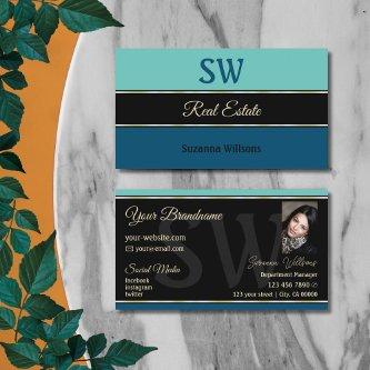 Teal Blue Borders on Black with Monogram and Photo