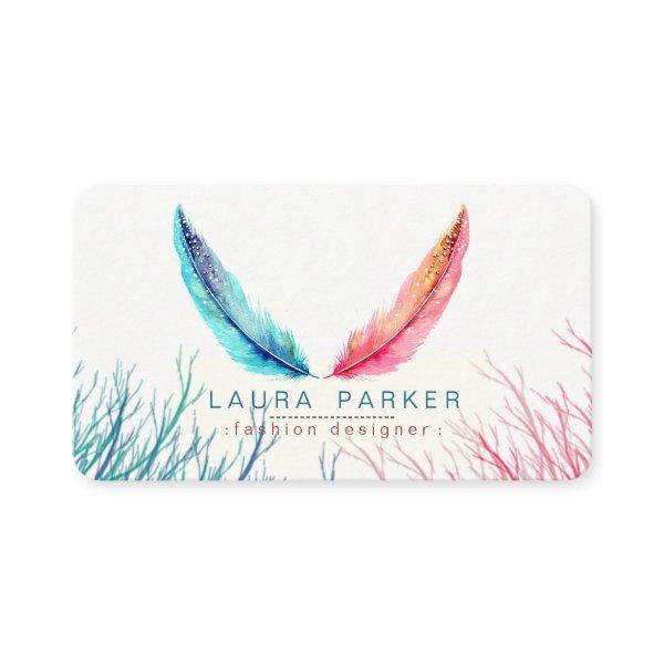 Teal Pink Feathers Watercolor Boho Turquoise