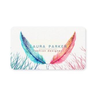 Teal Pink Feathers Watercolor Boho Turquoise