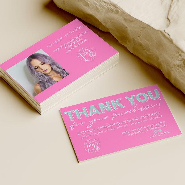 Teal pink script photo logo order thank you