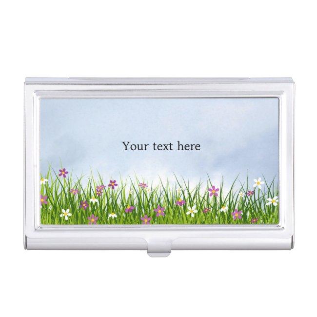 Template, blue sky and meadow of flowers, case