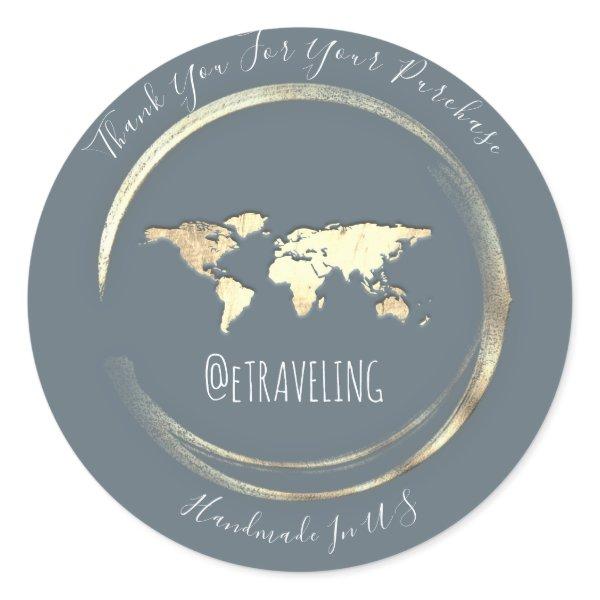 Thank You Blue Gold World Map Traveling Globe  Classic Round Sticker