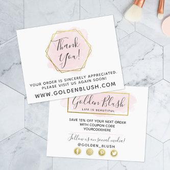 Thank You Blush Pink Watercolor & Modern Gold Geo Postcard