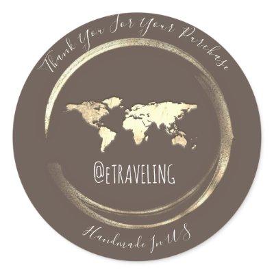 Thank You Brown Gold World Map Traveling Globe   Classic Round Sticker