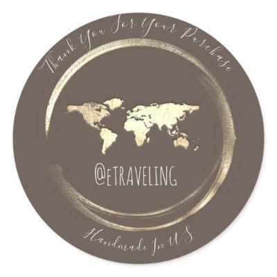 Thank You Brown Gold World Map Traveling Globe Classic Round Sticker