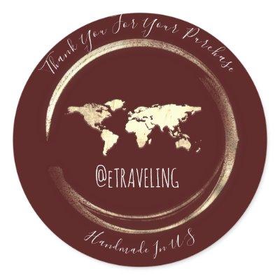 Thank You Burgundy Gold World Map Traveling Globe  Classic Round Sticker