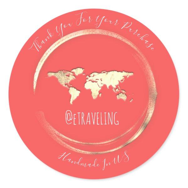 Thank You Coral Gold World Map Traveling Globe Classic Round Sticker