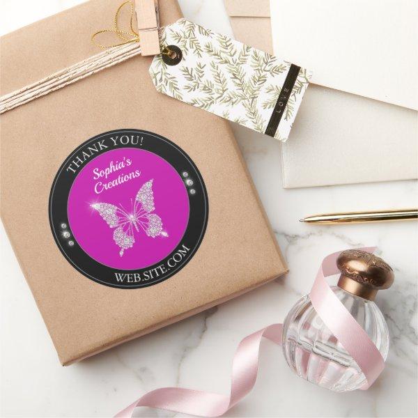 Thank You, Diamond Butterfly, Black & Fuchsia Classic Round Sticker