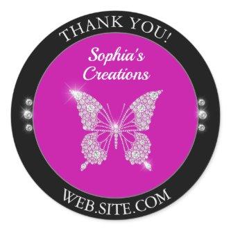 Thank You, Diamond Butterfly, Black & Fuchsia Classic Round Sticker