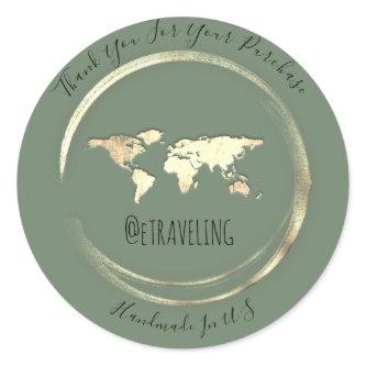 Thank You Green Gold World Map Traveling Globe  Classic Round Sticker