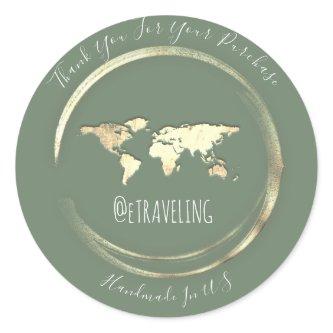 Thank You Mint Gold World Map Traveling Globe   Classic Round Sticker