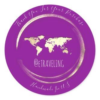 Thank You Purple Gold World Map Traveling Globe   Classic Round Sticker