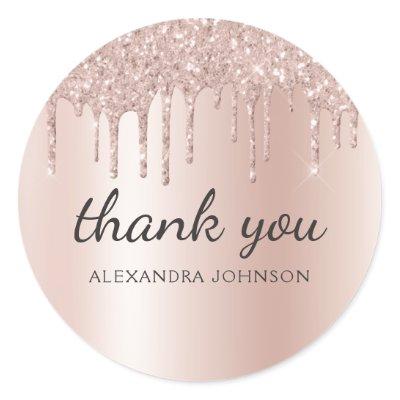 Thank You Rose Gold Pink Dripping Glitter Classic Round Sticker