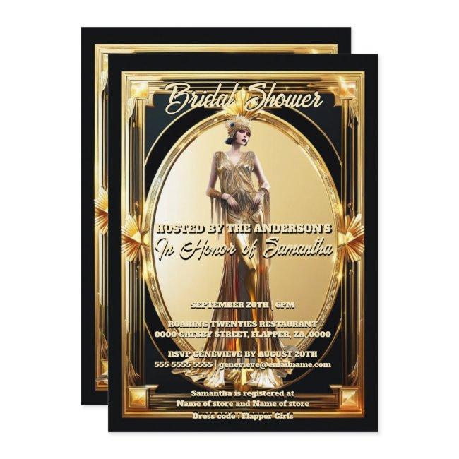 The Great Gatsby flapper girl retro gold frame Invitation