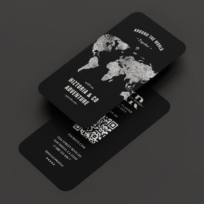 Travel Planner Tour Guide Black Silver World Map