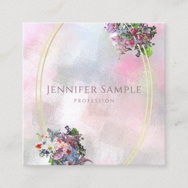 Trendy Abstract Watercolor Flowers Gold Frame Square