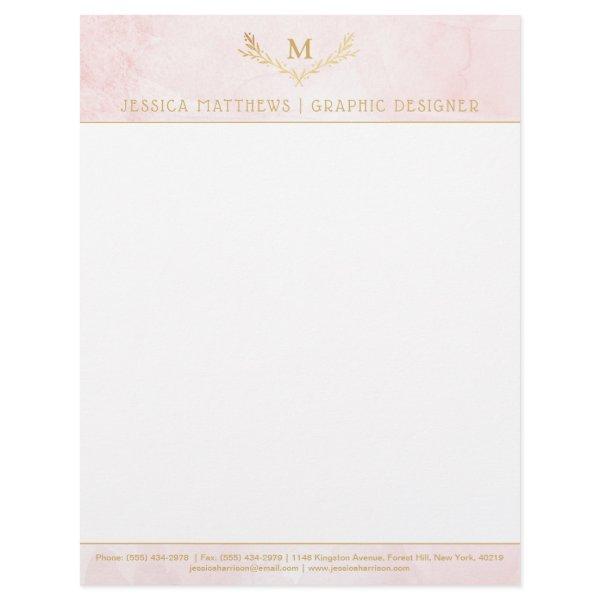 Trendy Blush Pink & Gold Foil Monogram Wreath Letterhead