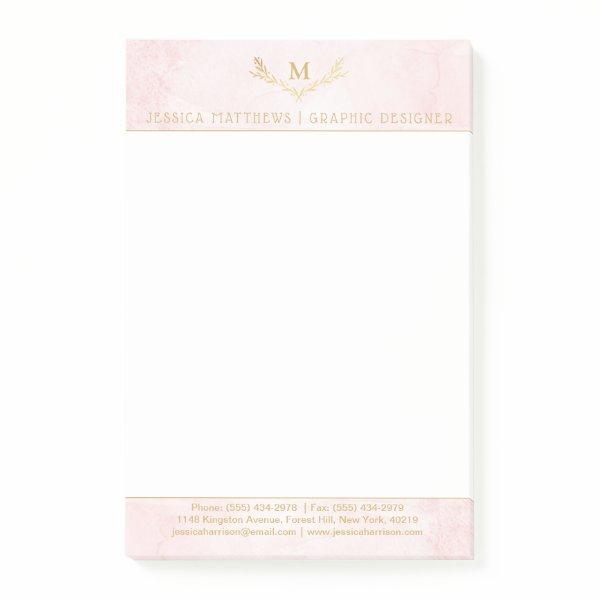 Trendy Blush Pink & Gold Foil Monogram Wreath Post-it Notes