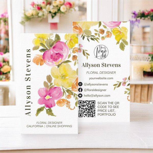 Trendy chic floral watercolor white logo qr code