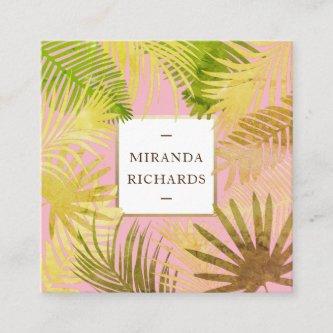Trendy Chic Gold Green Palm Leaves on Pink Square