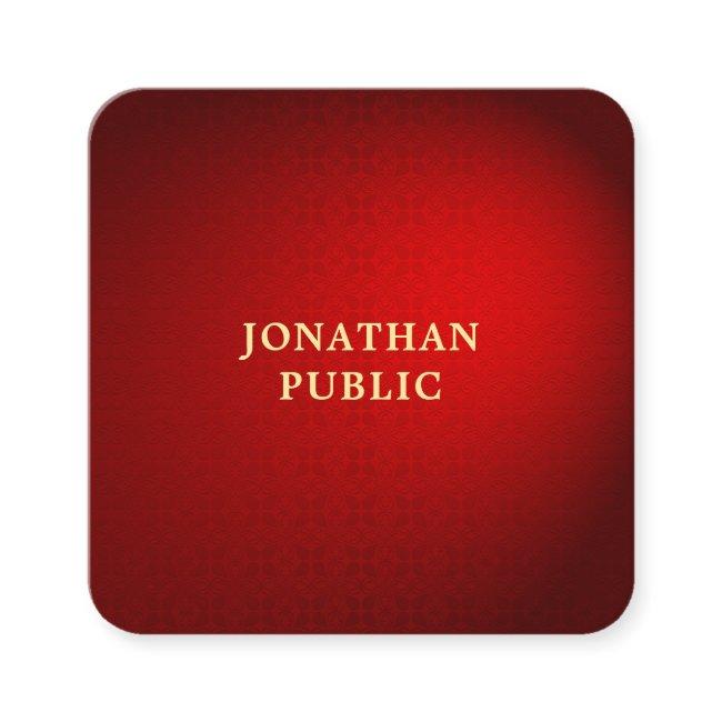Trendy Elegant Red Damask Gold Text Name Modern Square
