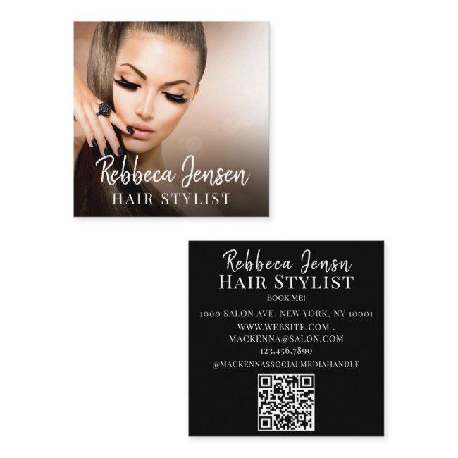 Trendy hair stylist white script hairdresser photo square