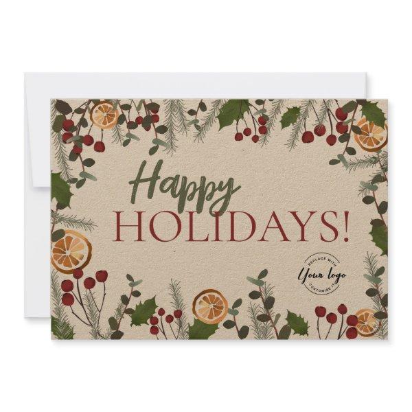 Trendy Happy Holidays Christmas Foliage Your Logo Holiday Card