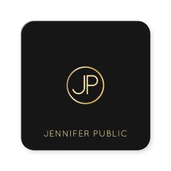 Trendy Modern Gold Monogram Black Template Elegant Square