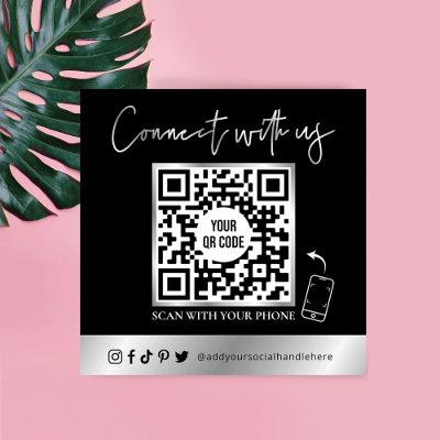 Trendy Simple QR Code Scannable Black & Silver Square