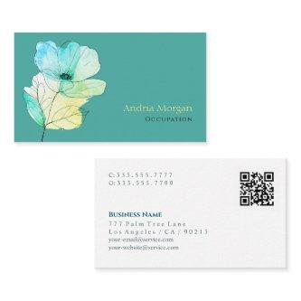 Trendy Watercolor Flower, Name, QR Code, Teal