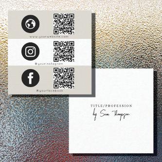 Triple Icon & QR Code Business Social Media Beige Calling Card