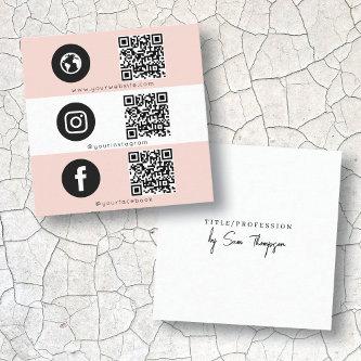 Triple Icon & QR Code Business Social Media Pink Calling Card
