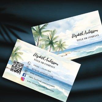 Tropical beach palm trees QR code social media