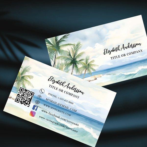 Tropical beach palm trees QR code social media