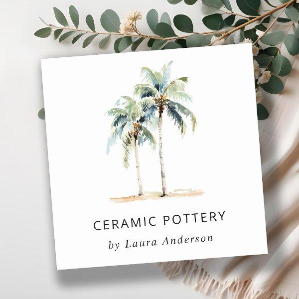 Tropical Coastal Palm Trees Watercolor Blue Green Square