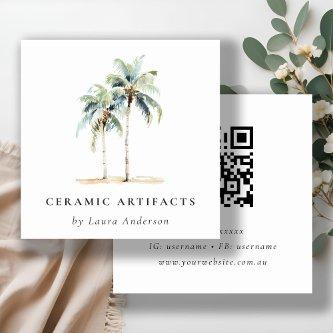 Tropical Coastal Palm Trees Watercolor QR Code Square