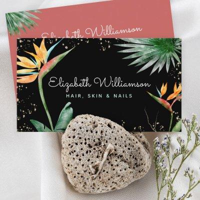 Tropical Floral Script Gold on Black Beauty Salon