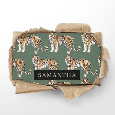 Tropical Green Watercolor Tigers Pattern With Name