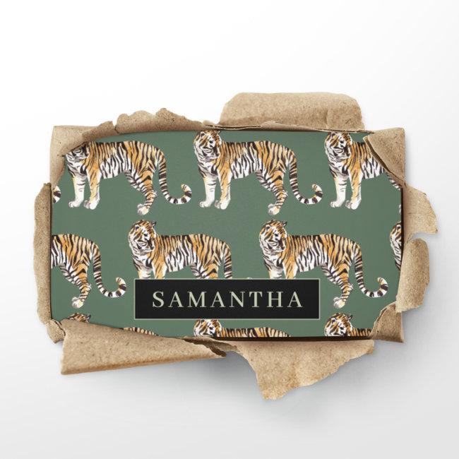 Tropical Green Watercolor Tigers Pattern With Name