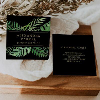 Tropical Leaves on Black with Gold Square