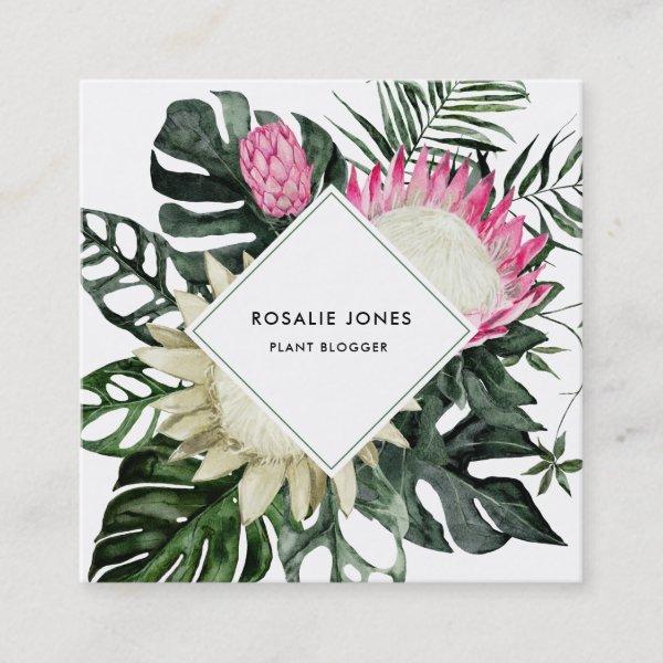 Tropical Monstera Leaves Watercolor Protea Flower Square