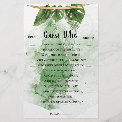 Tropical Palm Guess Who Bridal Shower Game Card Flyer