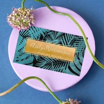 Tropical palm turquoise blue gold script modern