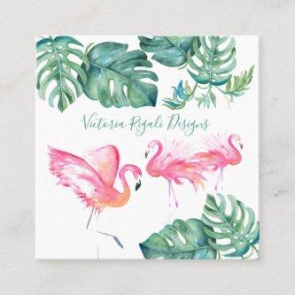 Tropical Pink Flamingo Palm Leaves Square